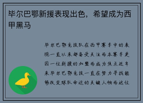 毕尔巴鄂新援表现出色，希望成为西甲黑马